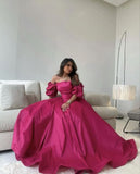 Fuchsia A-Line Satin Prom Dress, Hot Pink Bubble Sleeves Prom Dress HZ0307
