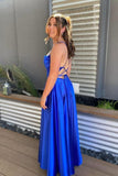Cowl Neck Royal Blue Satin A-line Formal HZ0307