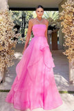 Strapless Pink Tulle Ruffle A-line Formal HZ0307