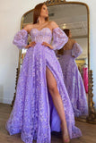 LTP1576,Sparkle Princess Lavender Bustier Puffy Sleeves Lace Long Prom HZ0307