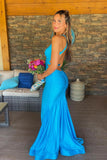 V Neck Blue Mermaid Long Formal HZ0307