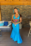 V Neck Blue Mermaid Long Formal HZ0307