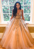 LTP0920,V-neck Tulle Long Prom Dresses with Appliques and Beading,Evening Dresses,Formal HZ0307