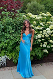 Beaded Blue Soft Satin Sheath Long HZ0307