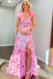 Sexy Pink Floral Cutouts A-line Ruffle Long HZ0307