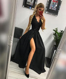 LTP0981,Black lace top satin prom evening dresses black prom dress with side HZ0307
