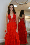 Halter Red Lace Appliques Chiffon Ruffle Prom HZ0307