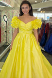 Flower Sleeves A-Line Hot Pink Evening Party Dress, Blue Long Satin Prom Dress HZ0307