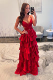 Red Straps Satin Cutouts A-line Ruffle Prom HZ0307