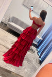 Red Straps Satin Cutouts A-line Ruffle Prom HZ0307