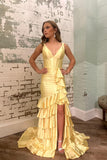 V Neck Yellow Satin Ruffle Fitted Prom HZ0307