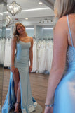 Light Blue Pearls and Satin Ruched Fitted Prom HZ0307