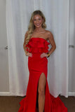 Strapless Red Ruffle Fitted Long Formal Dress with HZ0307