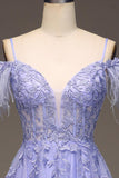 Straps Blue Sheer Appliques A-line Long HZ0307