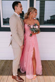 LTP1501,Charming pink lace tulle prom dresses long homecoming dresses formal dress with side HZ0307