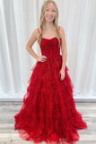 Spaghetti Straps Red Tulle Tiered Ruffle Ball HZ0307