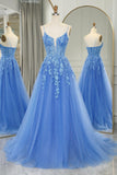 Straps Blue Lace Appliques A-line Long Prom HZ0307