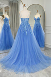 Straps Blue Lace Appliques A-line Long Formal HZ0307