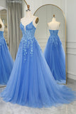Straps Blue Lace Appliques A-line Long Formal HZ0307