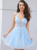 LTP1783,Light Blue A-Line Homecoming Dresses, V-Neck Floral Hoco HZ0307