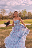 Straps Blue Floral Corset A-line Ruffle Prom HZ0307