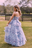 Straps Blue Floral Corset A-line Ruffle Prom HZ0307