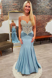 Straps Sheer Appliques Satin Memaid Prom HZ0307