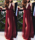 LTP1093,Sexy Burgundy Deep V-Neck Tulle Prom Evening HZ0307