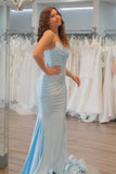 Cowl Neck Light Blue Ruched Fitted Formal HZ0307
