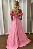Flower Off the Shoulder Pink Satin A-line Prom HZ0307