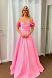 Flower Off the Shoulder Pink Satin A-line Prom HZ0307