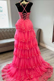 Spaghetti Straps Hot Pink Appliques Ruffle A-line HZ0307