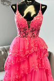 Spaghetti Straps Hot Pink Appliques Ruffle A-line HZ0307