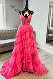 Spaghetti Straps Hot Pink Appliques Ruffle A-line HZ0307