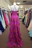 Straps Fuchsia Appliques A-line Ruffle Long Prom HZ0307