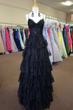 Straps Black Appliques Tulle Ruffle A-line Prom HZ0307