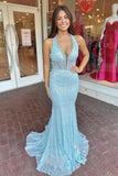 Halter Blue Sequin Fitted Long Formal HZ0307