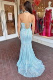 Halter Blue Sequin Fitted Long Formal HZ0307