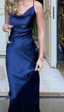 LTP1628,Smooth Navy Blue Silk Satin Long Prom Dresses,Sheath Full Length Sleeveless Evening Formal HZ0307