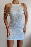 LTP0848,Sparkle white sequin homecoming dress beaded off the shoulder graduation dress mini prom HZ0307