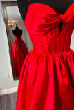 Straps Bow Front Red Satin A-line Prom HZ0307