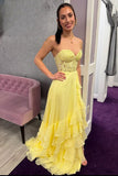 Sweetheart Yellow Lace Appliques Chiffon Ruffle Prom HZ0307