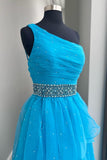 One Shoulder Blue Tulle Long Formal Dress with HZ0307
