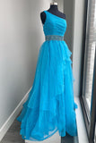 One Shoulder Blue Tulle Long Formal Dress with HZ0307