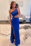 One Shoulder Royal Blue Appliques Cutout Long HZ0307