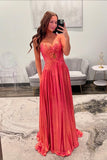 Spaghetti Straps Coral Metallic Twist Long Prom HZ0307