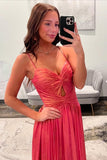 Spaghetti Straps Coral Metallic Twist Long Prom HZ0307