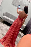 Spaghetti Straps Coral Metallic Twist Long Prom HZ0307