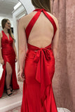 Red Criss-cross Ruched Bow Back Prom Dress with HZ0307