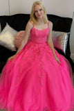 LTP1721,Open Back Hot Pink Tulle Lace Long Prom Dresses, Hot Pink Lace Formal Graduation Evening HZ0307